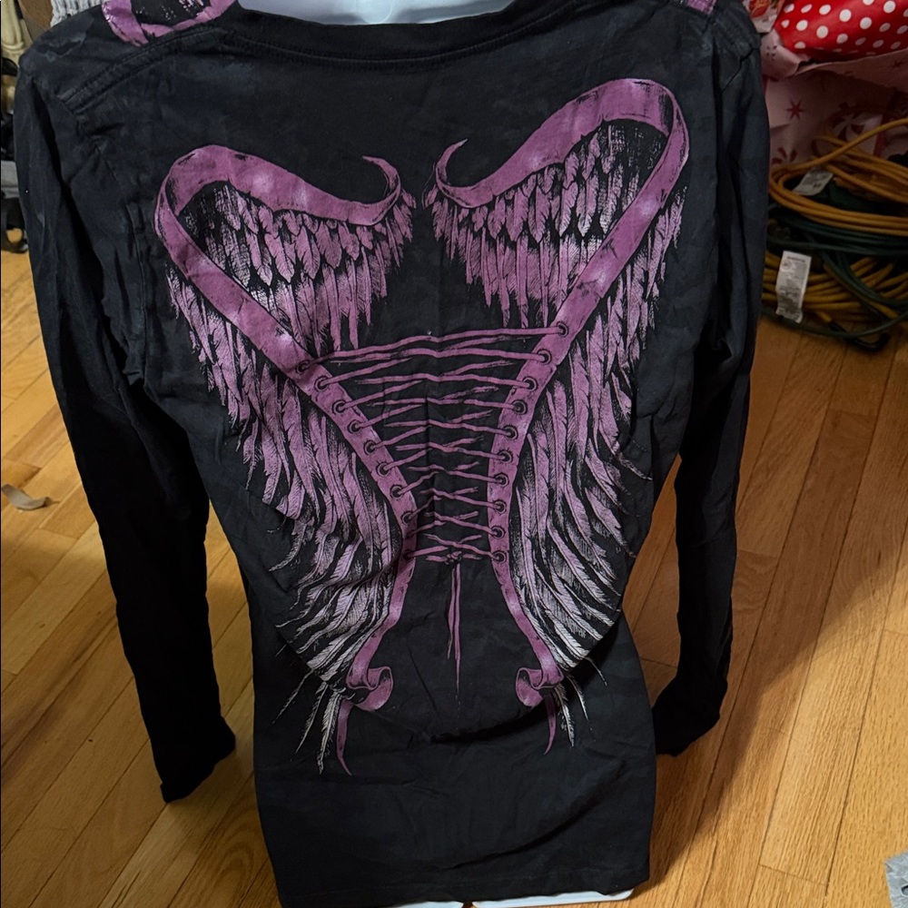 Archaic Women's Black and Purple Winged V-Neck Top - Picture 2 of 3